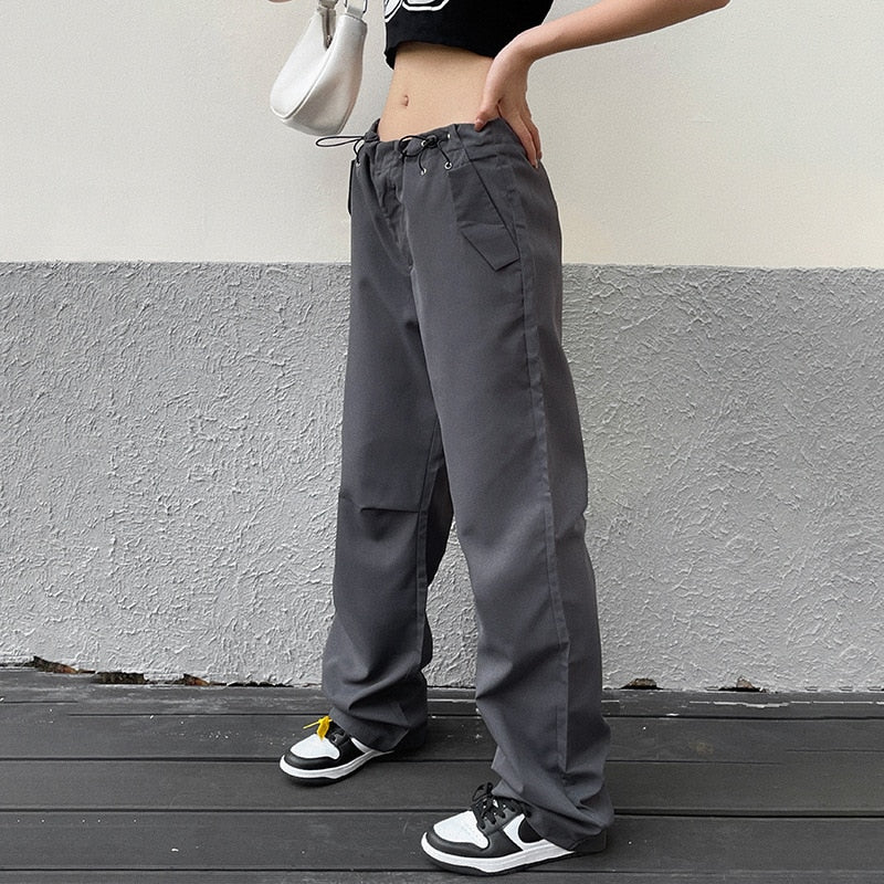 Lovwvol American Drawstring Cargo Pants For Women New Spring And Summer Tightness Adjustable Straight Tube Loose Woven Casual Pants