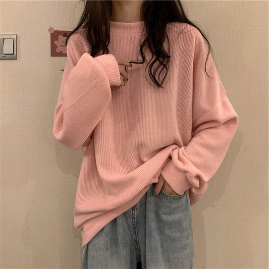 lovwvol Women thin Hoodies Spring Autumn Casual Loose o-neck cotton solid Pullovers Sweatshirt Harajuku Kpop Oversized pink white Hoodie