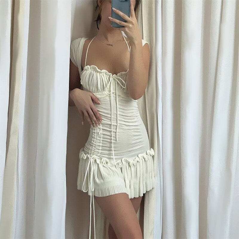 Lovwvol Summer Square Collar Elegant Ruched Ruffle Mini Dress Outfits for Women Club Party Lace Up Short Sleeve Dresses Hot