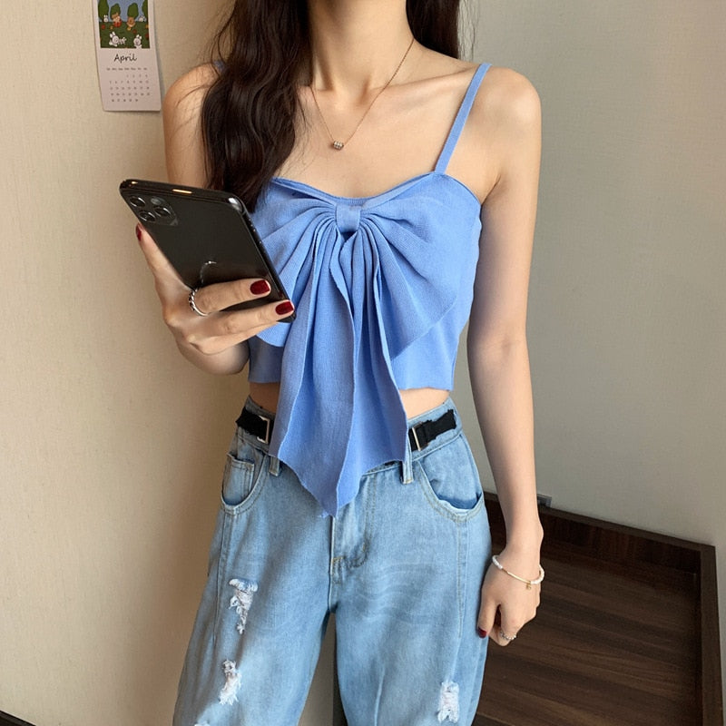 Lovwvol Summer Butterfly Knot Bow Tie Camisole Women Fashion Backless Cropped Camis Tank Tops