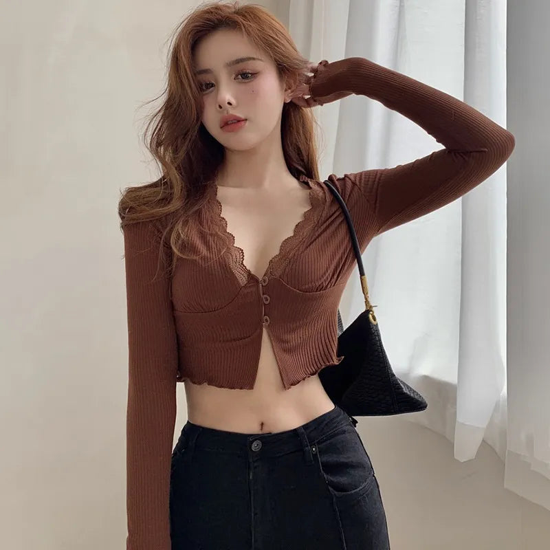 lovwvol Button down Lace Crop Top for Women Casual T Shirt Solid Color Patchwork Long Sleeve Slim Fit Cardigan Coat