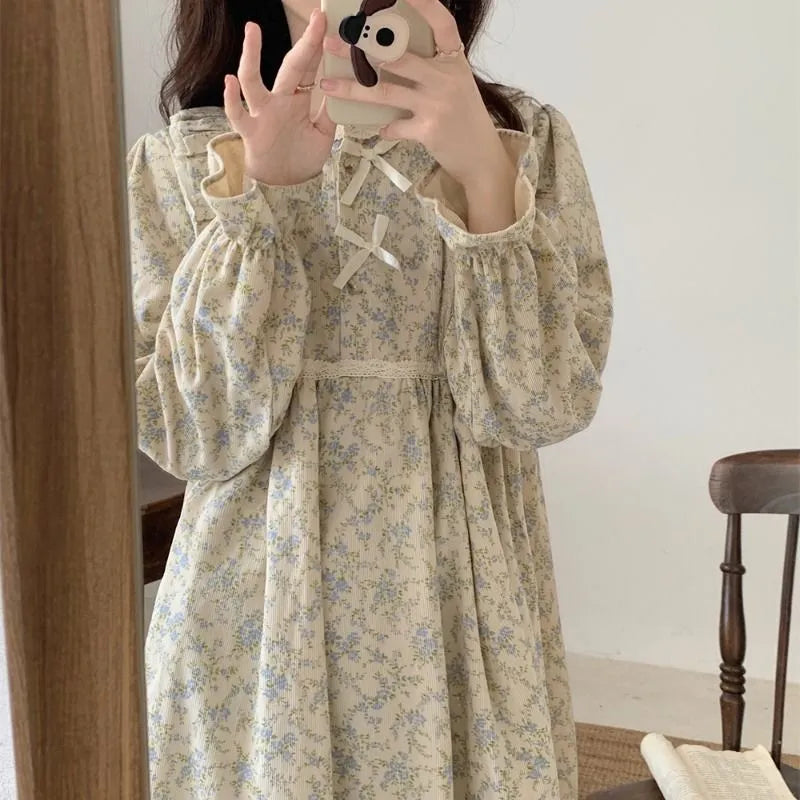 Lovwvol Floral Print Nightgown Sleepwear Womens Korean Style Ruffles Night Dress One Piece Pajamas Autumn Long Sleeve Bow Home Wear New