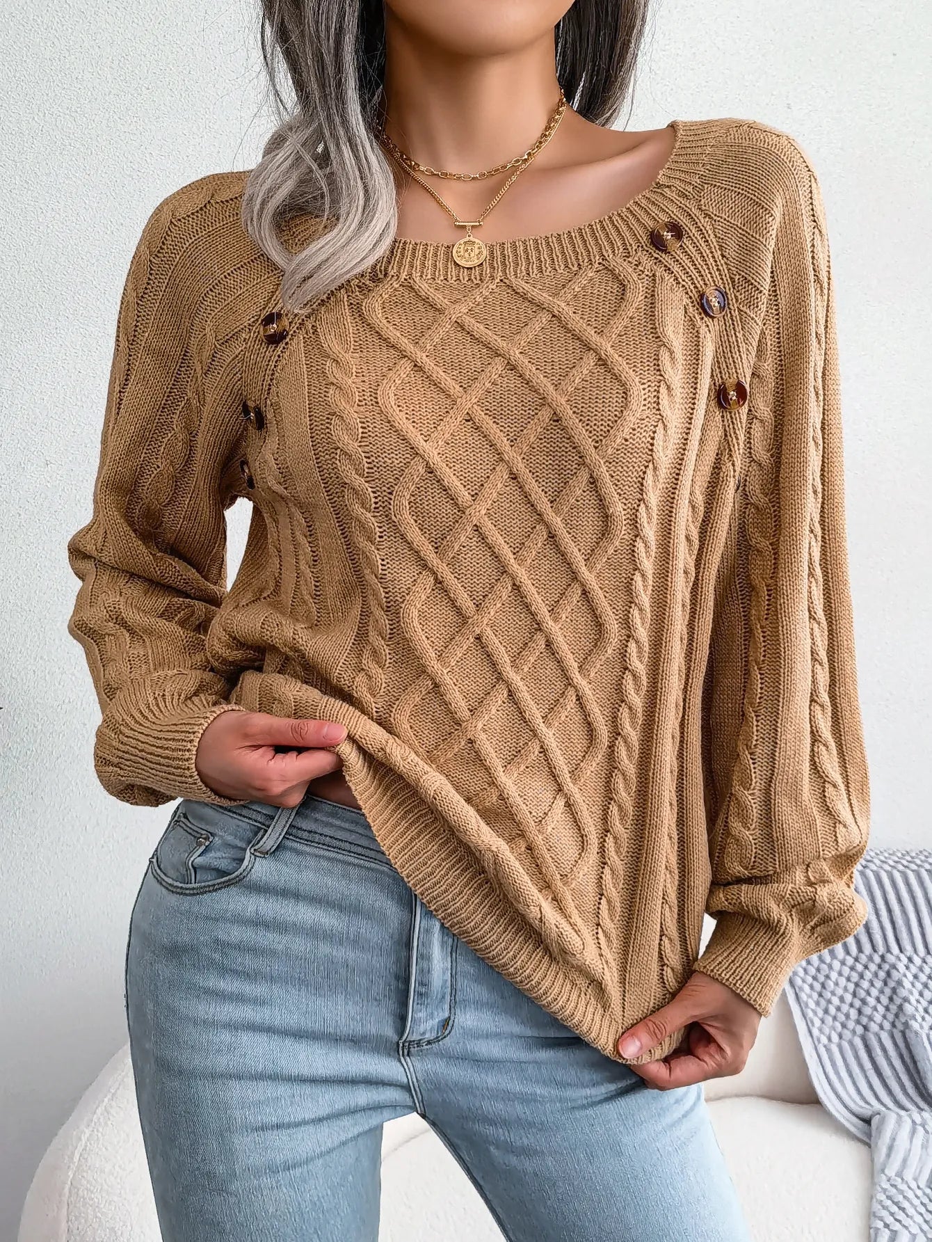 lovwvol Women Casual Square Collar Buttons Long Sleeve Knitted Pullovers And Sweaters For Autumn Winter