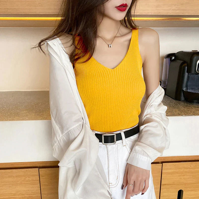 Lovwvol V-neck Knitted Ice Silk Sleeveless Top Thin Vest Knit Sweater Women Sexy Slim Camisole Female Women Clothing Spring Summer Fall
