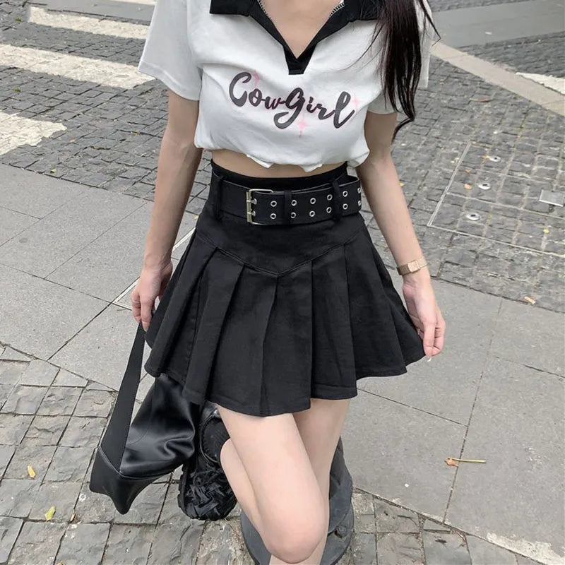 lovwvol Korean High Waist Pleated Skirts Women Summer Khaki Black with Belt A-Line Skirt Woman All-Match Streetwear Mini Skirt