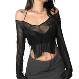Lovwvol Sexy Women Mesh Long Sleeved T Shirt with Adjustable Straps Black See Through V Neck Split Tops Ladies Summer Clothing
