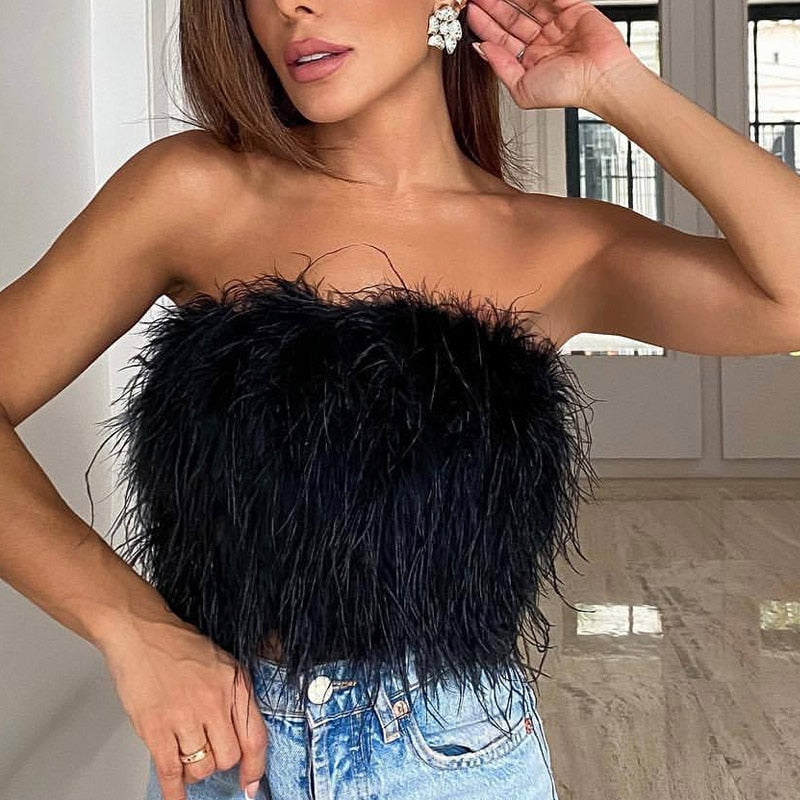 Lovwvol Sexy Feather Cropped Tank Top Women Fashion Fluffy Backless Solid Tube Tops Female Spring Summer Lady New Party Club Vest Trendy Summer Fits