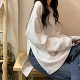 Lovwvol harajuku long T Shirt spring autumn Solid Simple oversized t-shirt for Women goth T-shirts Split White black long Sleeve Tops