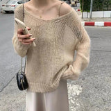 lovwvol Sexy Solid Color Thin Women's Sweater Vintage Hollow V-neck Knitted Pullover Girls Spring Loose Sweatshirt Korean Y2k Jumper Top