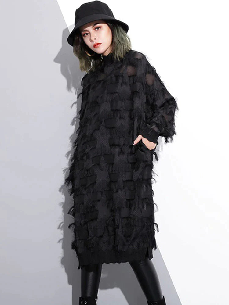 Lovwvol Women Black Feather Split Big Size Dress New V-Neck Three-quarter Sleeve Loose Fit Fashion Tide Spring Summer Spring Outfits Trends