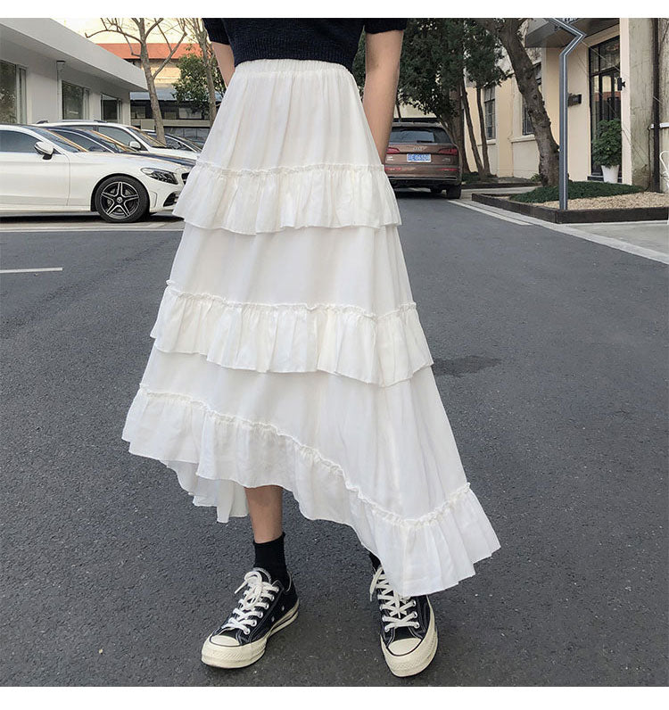 lovwvol Black Long Skirts Women Gothic High Low Ruched Ruffle High Waisted Asymmetrical Midi Skirt Korean Fashion Goth Grunge