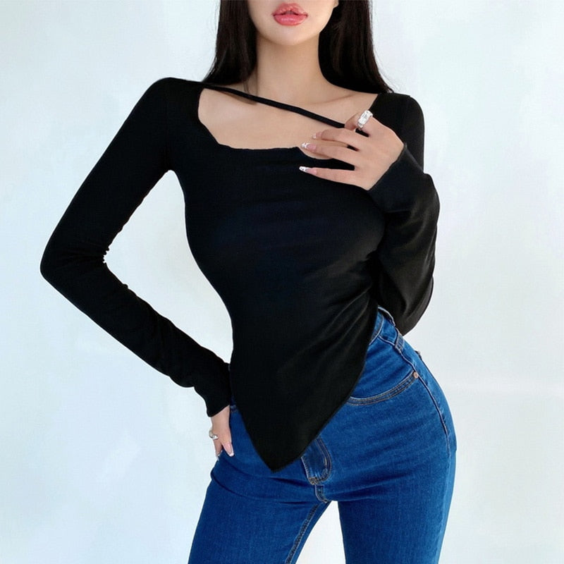 Lovwvol Body Desire Style T Shirt Women Design Sexy Slim Irregular Thin Top Tees Hot Korean Tops Fashion Ool Girl