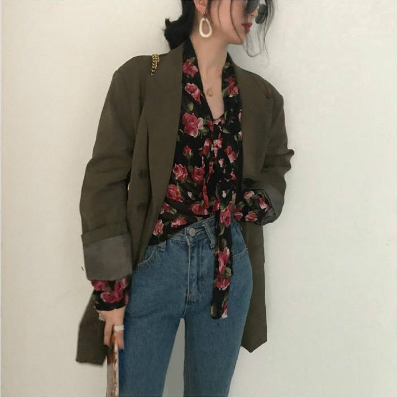 Lovwvol Blouses Women Retro Floral Chic Spring Fall Fashion Korean Ladies Blusas Mujer Lace-up Design Soft Female Long Sleeve Top Ins