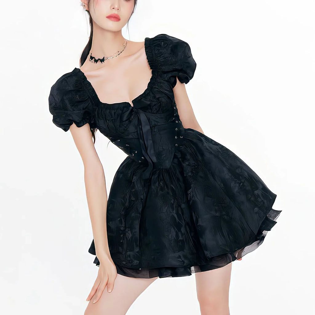 Lovwvol Summer Women's Dress Lolita Tunic Mesh Escaping Princess Square Neck Advanced Party Bubble Sleeve Gift Vintage Mini Dress