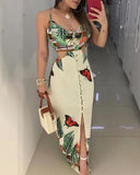 Lovwvol Women Fashion Floral High Slit Maxi Dress Party Dress Spaghetti Strap Tropical Print Cutout Dress Trendy Summer Fits Going Out Outfits