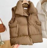 Lovwvol  Winter Cotton Vest Women Warm Coat Turn-down Collar Zipper Sleeveless Jacket Overcoat Loose Drawstring Waistcoat Vest Coat
