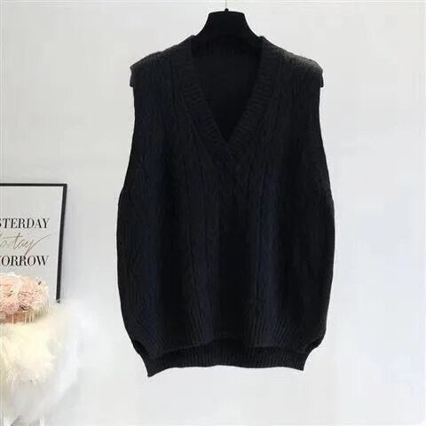 Lovwvol Women Twist Pullover Sweater Vest Autumn Winter New Loose Net Black Beige V-neck Waistcoat Korean Ladies Wool Knitted Vest