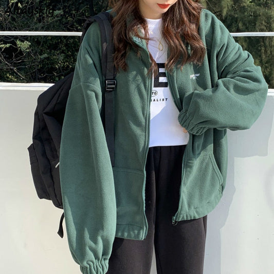 Lovwvol Women Fleece Hoodies Autumn Streetwear Zip-up Oversize Sweatshirt Jacket Trendy Solid Pocket Turn-down Collar Women Outwear