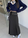 lovwvol Vintage Belt Long Skirt Women Autumn 90s Aesthetic Streetwear Y2k High Waist Slim A-line Pleated Skirt Korean Style