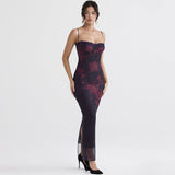 Lovwvol Purple Print Sexy Long Fishtail Dress For Women Robe New Spaghetti Strap Sleeveless Backless Ruched Maxi Dress