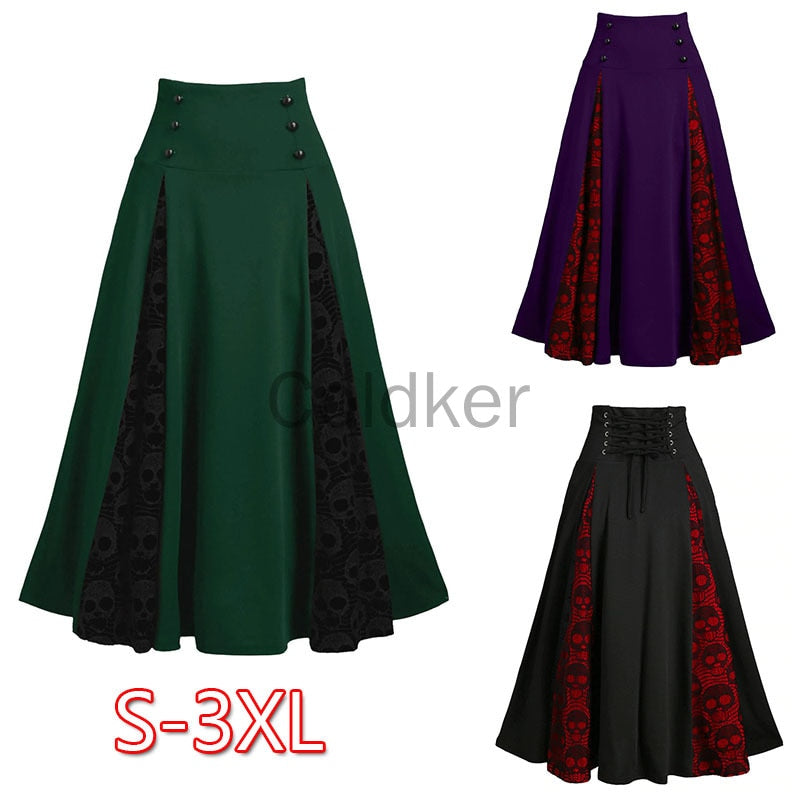 lovwvol Women Vintage Lace-up Skirts Skull Lace Stitching Buttons Big Swing Skirt Female Halloween Party Medieval Cosplay Costumes S-3XL