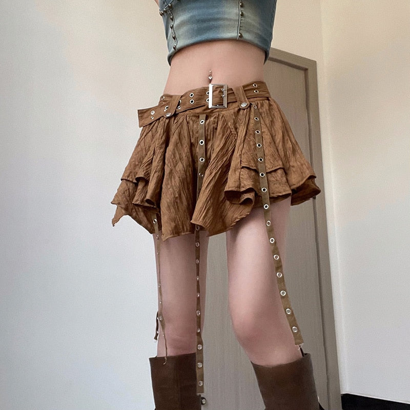 lovwvol Vintage Grunge Mini Skirt for Women Irregular Hem Ribbon Patchwork Punk Low Waist Belt Brown Short Skirt Y2k Streetwear