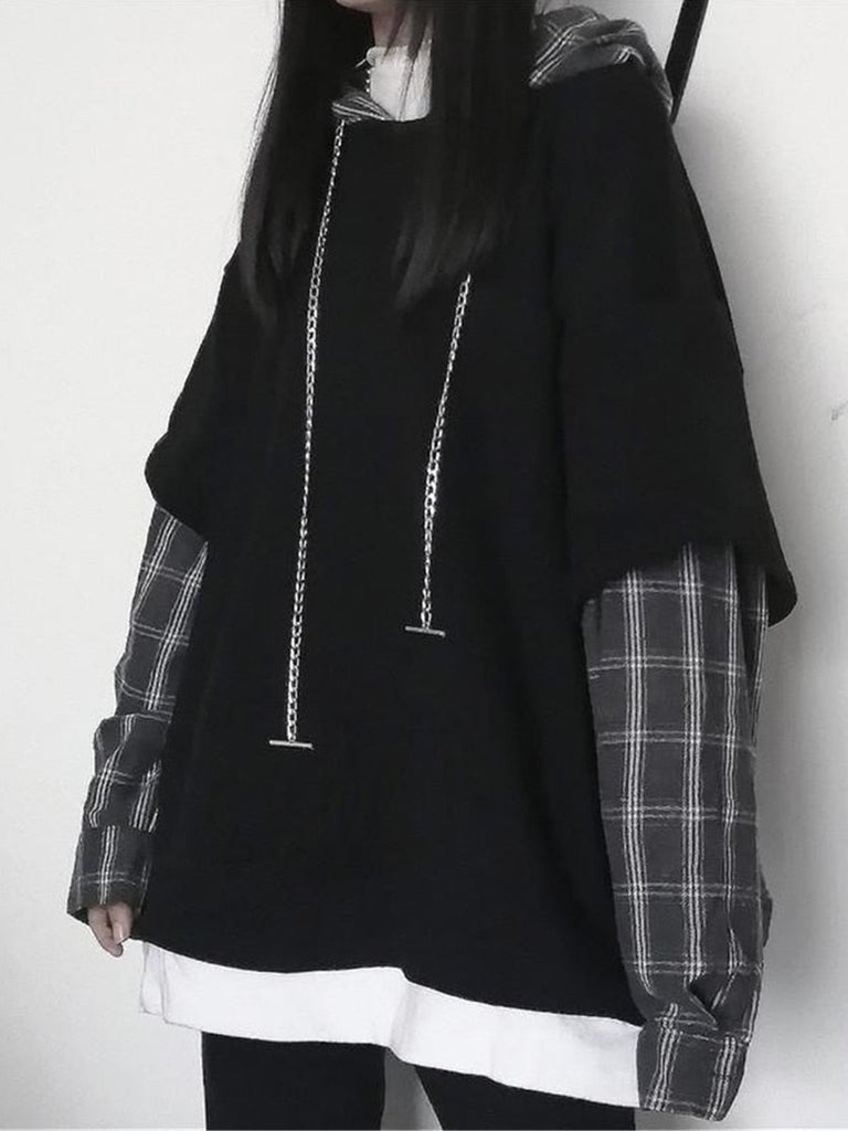 Lovwvol Black Hip Hop Hoodie Women Harajuku Plaid Sweatshirts Japan Kawaii Femme Casual Pullover Tops Gray Oversized Basic Hoodies