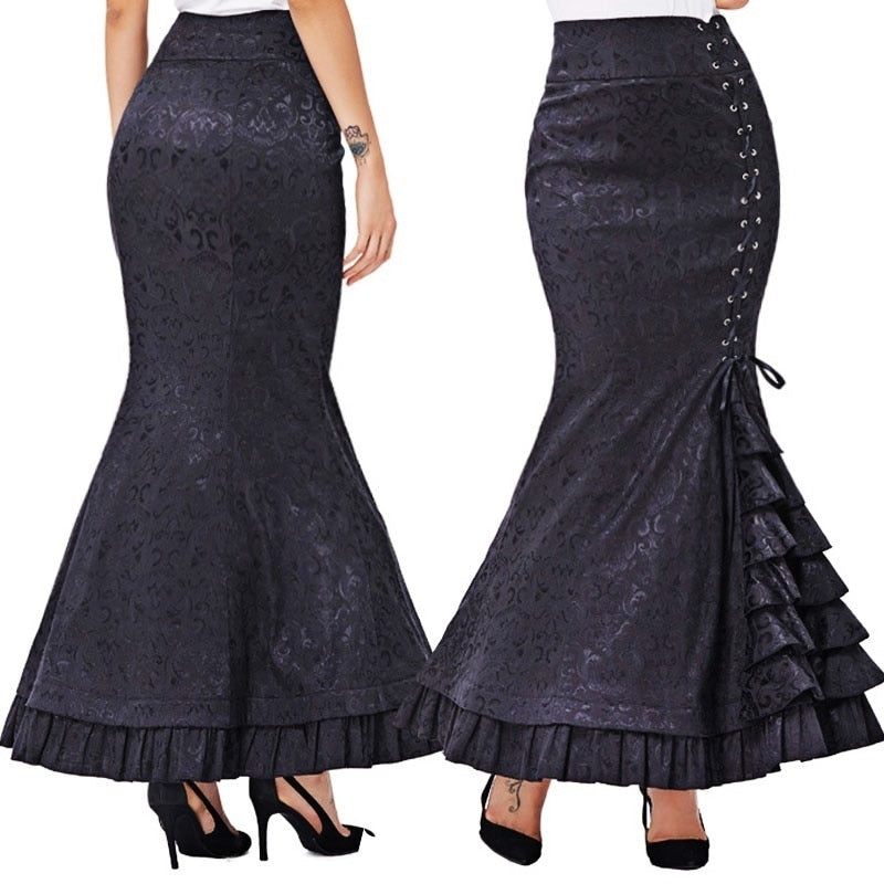 lovwvol Vintage Women Punk Style Jacquard Mermaid Skirt Fashion Halloween Gothic Victorian Steampunk Long Bodycon Ruffle Fishtail Tiered