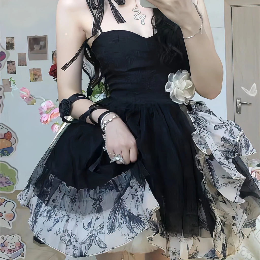 lovwvol Summer Gothic Lolita Black Mini Dress Women Vintage 90s Egirl Punk Slim Party Club Dress Women Suspender Tie Dye Skirt Mesh