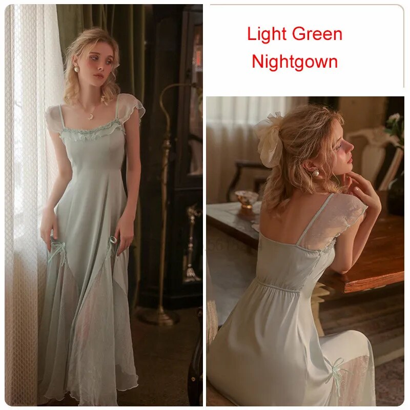 Lovwvol Hnewly Square Neck Sleepdress Women Long Satin Nightgown Lace Patchwork Nightdress With Bowknot Summer Elegant Palace Style Sleepwear