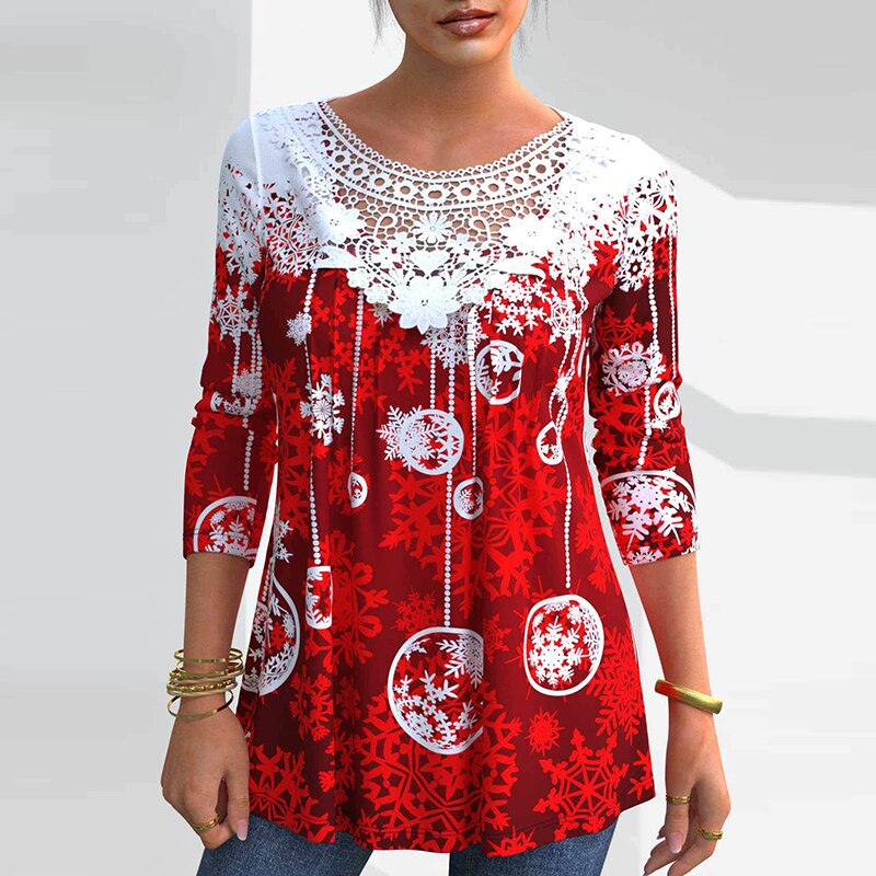 Lovwvol Vintage Women Christmas Print Tees Spring Autumn Fashion O Neck Long Sleeve T-shirts Elegant Ladies Hollow Out Pullover Tops