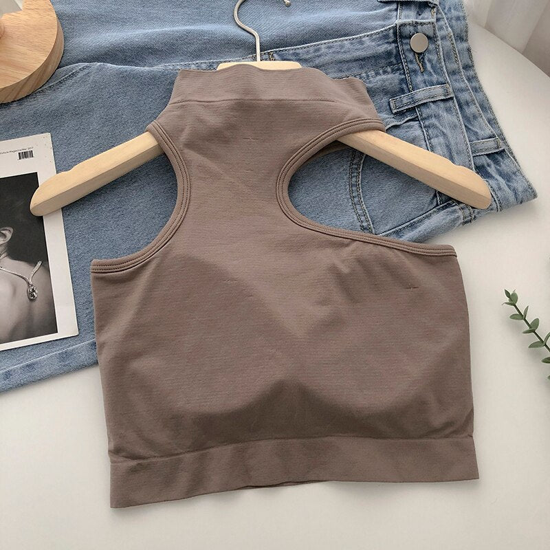 Lovwvol Women Tops Knitted Sexy Halter Neck Fixed Cup Wireless Solid Tank Tops Y2k Top Summer Chic Fashion Crop Top Camis Mujer