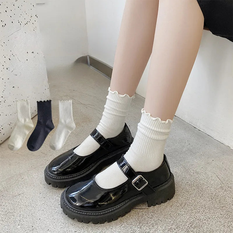 Lovwvol Ruffle Socks for Women 5pair /Lot Mid Crew Middles Tube Ankle High Breathable Black White Calcetines Female Spring Autumn Sock