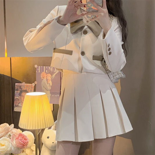lovwvol Spring Korean Two Piece Set Women Long Sleeve Short Jacket Crop Coat + Pleated Mini Skirt Suits Vintage 2 Piece Outfits