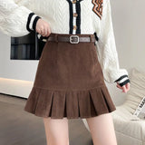 lovwvol Vintage Corduroy Pleated Skirt with Belt Women Autumn Winter Preppy Style High Waist A-line Mini Skirts Korean Fashion