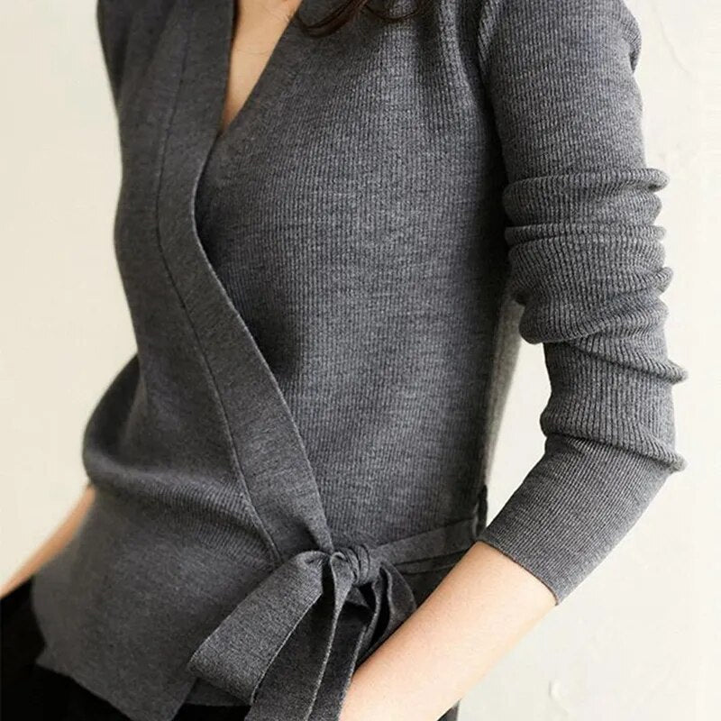 Lovwvol Spring Autumn Long-sleeved Knitted Cardigan Fashion V-neck Wrap Top Temperament Lace-up Sweater Women Elegant Bottoming Shirt