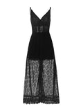 Lovwvol Women Spaghetti Straps Long Beach Dress Boho Summer Sleeveless Hollow Out Floral Lace Playsuit Sundress Lady Outfit