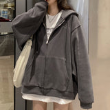 Lovwvol Women Korean Style Hoodies Zip-up Harajuku Oversized Solid Pocket Hooded Sweatshirts Autumn Long Sleeve Loose Baseball Jacket