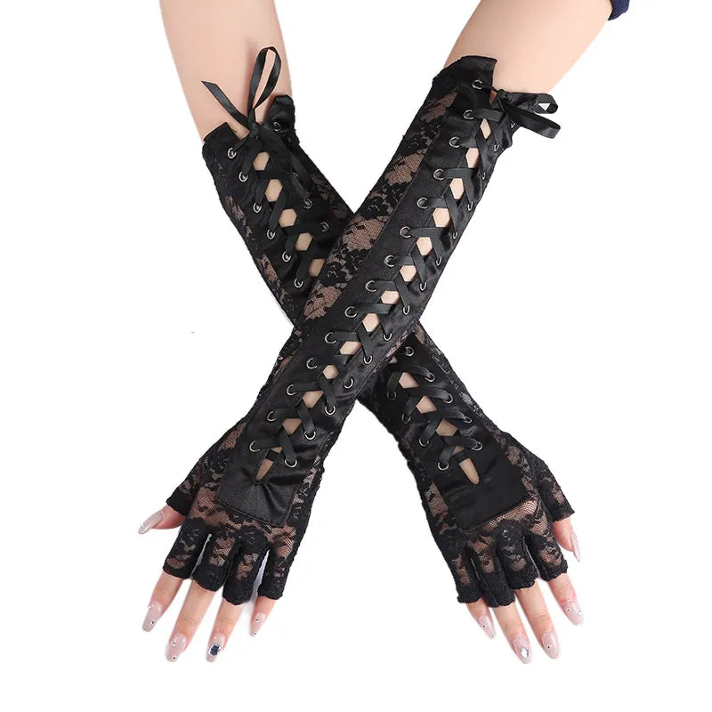 Lovwvol Womens Sexy Elbow Length Punk Fingerless Lace Up Arm Warmer Lace Gloves, Black,White，Halloween Punk  Cosplay One Size