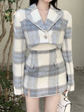 Women's Wool Set 2 Pieces Plaid Skirt and Cropped Blazer Suits Autumn Winter Elegant Fashion High Waist Mini Skirt Sets
