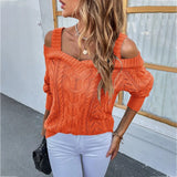 Lovwvol Strap Knitted Sweaters Autumn Spring V Neck Off The Shoulder Long Sleeve Loose Pullover Tops