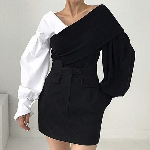 Lovwvol bV-neck Off-the-shoulder Womens Tops Blouses Contrast Color Knitted Stitching Puff Sleeve Blusas Mujer De Moda Top Spring Outfits Trends