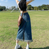 lovwvol Vintage Denim Skirt Long Women Korean Fashion High Waist A-line Slim Distressed Raw Edge Jean Skirt Streetwear Summer