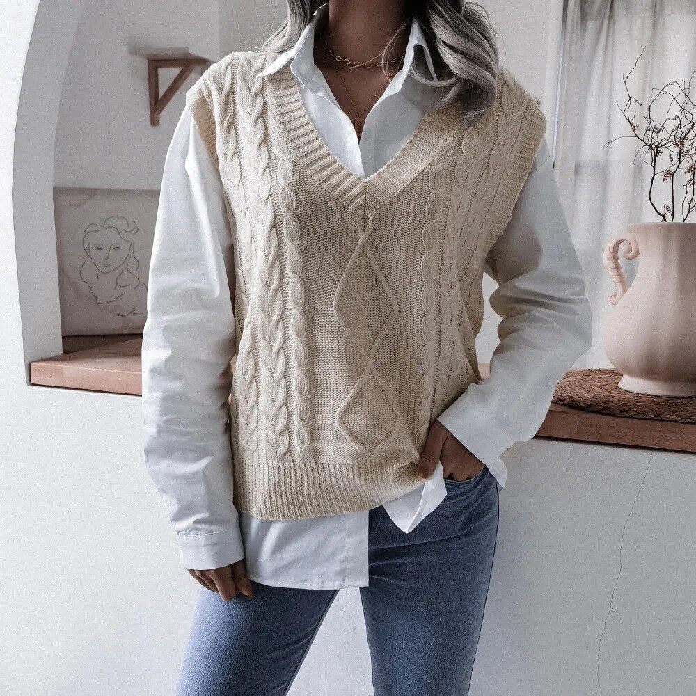 Lovwvol Women Knitted Sweater Vests Autumn Female V Neck Sleeveless Twist Knitwear Loose Pullover Tops 29 Color Options