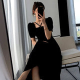 Lovwvol Hnewly Vintage Dress Women Slim Summer Simple Square Collar Party Chic Sundress Korean Midi Daily OL Elegant Vestidos Pure Black Sales