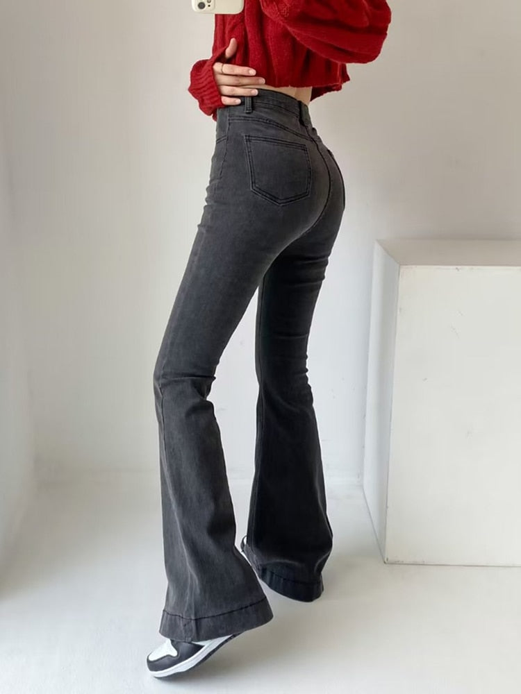 Lovwvol Casual Bell Bottom Pants Jeans for Women Blue Elastic Fashion Y2K Trousers Autumn New High Waisted Flare Jeans