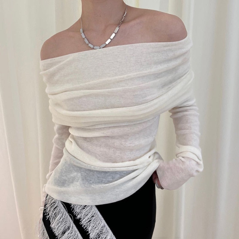 Lovwvol Elegant Lady Folds Slash Neck T Shirt Korean Fashion Chic Women Full Sleeve Slim Fit Tees 90s Vintage Knitted Tops Streetwear