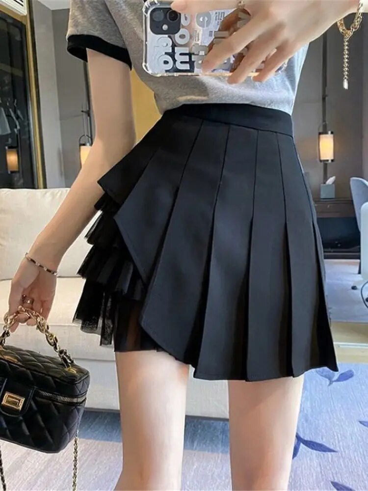 lovwvol Spring Fashion Pleated Skirts Women Summer Party All-match School girls Clothing Vintage Slim Simple Pure Lace Mesh Design