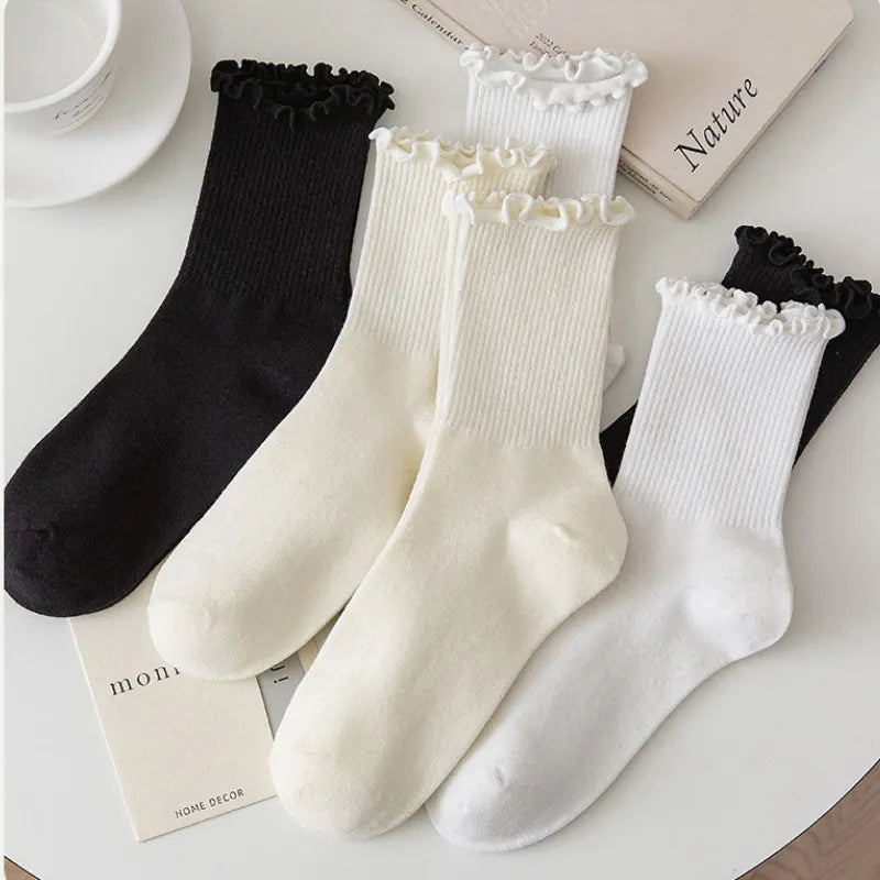 Lovwvol Ruffle Socks for Women 5pair /Lot Mid Crew Middles Tube Ankle High Breathable Black White Calcetines Female Spring Autumn Sock
