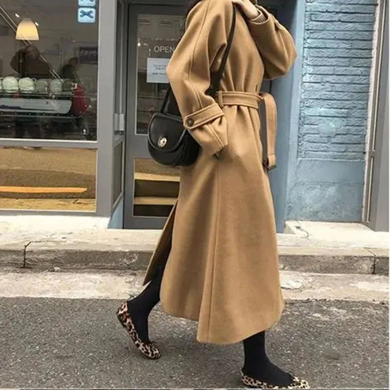 Lovwvol Winter Korean Women Faux Woolen Coats Fashion Elegant Solid Belt Thickening Long Jacket Female Loose All Match Blends Outwear